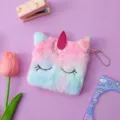 Cute plush unicorn coin purse, pink and blue gradient fluffy wallet with keychain for kids. - Pink