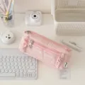 Pink ruffed pencil case with clear window, large capacity aesthetic stationery pouch for students. - Pink