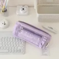 Aesthetic lavender pencil case with cute ruffles, transparent pocket, and star zipper. - Purple