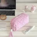 Pink fluffy leopard print cosmetic bag, cute large capacity travel pencil pouch storage. - Pink