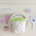 Pink plush strawberry pencil pouch, cute green leaf top desktop stationery storage bag. - White
