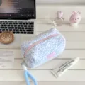 Fluffy leopard print cosmetic bag cute plush pencil case large capacity travel makeup pouch - Blue