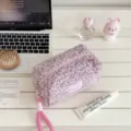 Fluffy leopard print cosmetic bag and cute plush pencil case travel makeup pouch - Light Pink