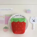 Pink plush strawberry pencil pouch cute standing stationery storage bag for students - Red
