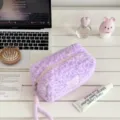 Purple plush leopard print cosmetic bag, cute fluffy pencil pouch, large capacity travel organizer - Purple