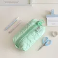 Light green quilted large zipper pencil case and portable cosmetic storage bag for students. - Green