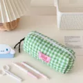 Green gingham quilted pencil case aesthetic large capacity stationery storage pouch - Green