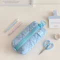 Blue quilted pencil case with giant zipper, aesthetic stationery pouch for school students. - Blue
