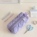Purple quilted pencil case with large zipper and cute tag, portable stationery bag. - Purple