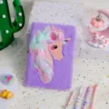 Cute purple plush unicorn journal notebook with fuzzy cover and colorful embroidery for daily writing. - Purple
