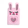 Cute pink plush bunny notebook with fluffy ears and glitter heart embroidery for kids daily use. - Pink Rabbit