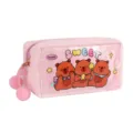 Close-up of cute cartoon bear plush pencil pouch with clear PVC window and fluffy pom-poms. - Pink
