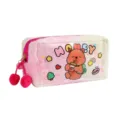 Cute cartoon bear pencil case with plush and clear PVC glitter window, ideal for school stationery. - Rose Red