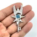 Angel wings key pendant detailed shot, vintage silver tone necklace jewelry charm for daily wear. - Silver