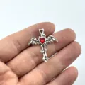 Gothic Bat Wing Cross Pendant Red Heart Gemstone DIY Jewelry Necklace Bracelet Accessory - Antique Silver Red Heart Style