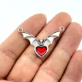 Bat wing red heart pendant jewelry accessory for DIY necklace earring making craft supplies - Antique Silver Wings-Red Heart
