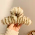 Brown fluffy striped hair claw clip winter plush shark clip for thick hair styling detail view - Green Stripe
