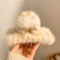 Fluffy brown leopard plush hair claw clip for thick hair, trendy autumn winter shark clip. - White Stripe