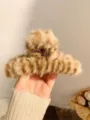 Brown leopard print furry hair claw clip for thick hair, stylish winter shark hair clip. - Coffee Striped