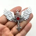 Gothic angel wing cross pendant necklace featuring a striking red rhinestone center piece. - Silver Red Rhinestone Pendant Only