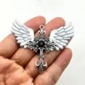 Vintage Gothic Cross Angel Wings Pendant Necklace Dark Lolita Halloween Jewelry Accessory - Silver Black Rhinestone Pendant Only