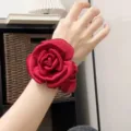 French vintage satin rose hair scrunchie and elegant red flower wrist band accessory - Rose Flower Scrunchie / Red