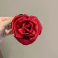 French vintage satin rose hair scrunchie elegant red flower hair tie for women daily style - Rose Hair Claw / Red