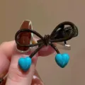 Brown bow hair clip with blue heart charms, cute duckbill hairpin for daily wear styling - Blue Heart Bow Style (5)