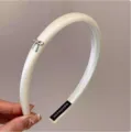 White Satin Bow Thin Headband Elegant Hair Hoop with Metal Charm for Women Daily Wear - Beige