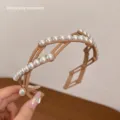 Fascia per capelli con perle retrattile e pieghevole da donna, cerchietto portatile per il trucco. - Stile Perla Cachi