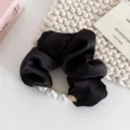 Black satin hair scrunchie with elegant faux pearls, high elasticity hair tie for women. - Black Pearl Scrunchie