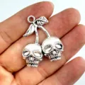Gothischer Vintage Silber Totenkopf Kirsche Metall Anhänger Schmuck Zubehör für Halskette - Retro Silber Doppel Totenkopf Kirsche (3)