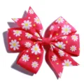 Macro view of red grosgrain hair bow with white and yellow daisy floral pattern print - No Accessories on Back / Rose Red
