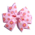 Macro detail of pink grosgrain ribbon bow hair clip with daisy flower pattern print. - No Accessories on Back / Light Pink
