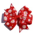 Close-up of red grosgrain ribbon bow hair accessory featuring white daisy floral prints. - No Accessories on Back / Red