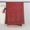 Red retro paisley jacquard pashmina scarf with elegant tassel fringe details for women - Paisley Jacquard Style with Tassels / 70x200cm / Burgundy