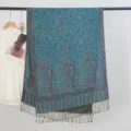Detailed view of blue paisley jacquard scarf with elegant long tassels - Paisley Jacquard Style with Tassels / 70x200cm / Peacock Blue