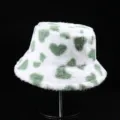 Stylish winter plush bucket hat with green heart pattern on soft white faux fur material - M (56-58cm) / Matcha Green