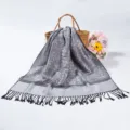 Elegant silver pashmina hijab scarf featuring black paisley jacquard and tassels - Silver Gray (TH11)