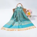 Turquoise paisley jacquard pashmina scarf with elegant gold tassels - Lake Blue (TH20)