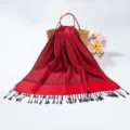 Luxurious red paisley jacquard pashmina scarf featuring elegant black tassels for winter - Red (TH14)
