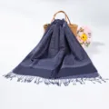 Elegant dark blue pashmina hijab scarf with paisley jacquard and tassels for winter - Dark Blue Grey (TH30)