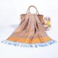 Blue and gold pashmina hijab scarf with cashew jacquard pattern and fringe tassels. - Blue and Gold (TH21)