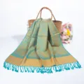 Elegant teal and gold jacquard paisley pashmina scarf with fringe tassels for women. - Cyan Gold (TH40)