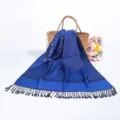 Elegant deep blue paisley jacquard pashmina hijab scarf with stylish long tassels - Dark Blue (TH32)