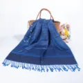 Elegant blue pashmina hijab scarf with paisley pattern and tassels for winter warmth and style - Dark Blue (TH33)