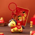 Cartoon horse keychain festive red bag charm cute New Year gift pendant accessory - Horse with Money (Yellow)