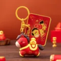 Cute red cartoon horse keychain with festive new year lucky card pendant for gifts - Horse with Money (Red)