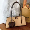 Brown suede shoulder bag for women, retro casual underarm bag with small pouch and double strap. - Vintage Brown