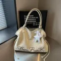 Korean style polka dot tote bag for women, large capacity shoulder bag for daily commute. - With Pendant / Off White